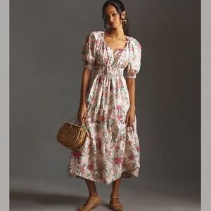 Anthropologie Somerset Pink Floral Smocked Puff Sleeve Tiered‎ Midi Dress Small